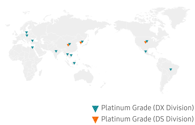 This image shows a world map of Zero Waste to Landfill certifications where orange inverted triangles indicate Platinum grade sites in the DS Division and teal inverted triangles indicate Platinum grade sites in the DX Division, with sites located in South Korea, China, India, Brazil, Poland, Egypt, Vietnam, Mexico, Indonesia, Thailand, the United States, and Türkiye, and Gold-grade sites located in Gumi (South Korea), Ho Chi Minh City (Vietnam), Hungary, and Malaysia.
